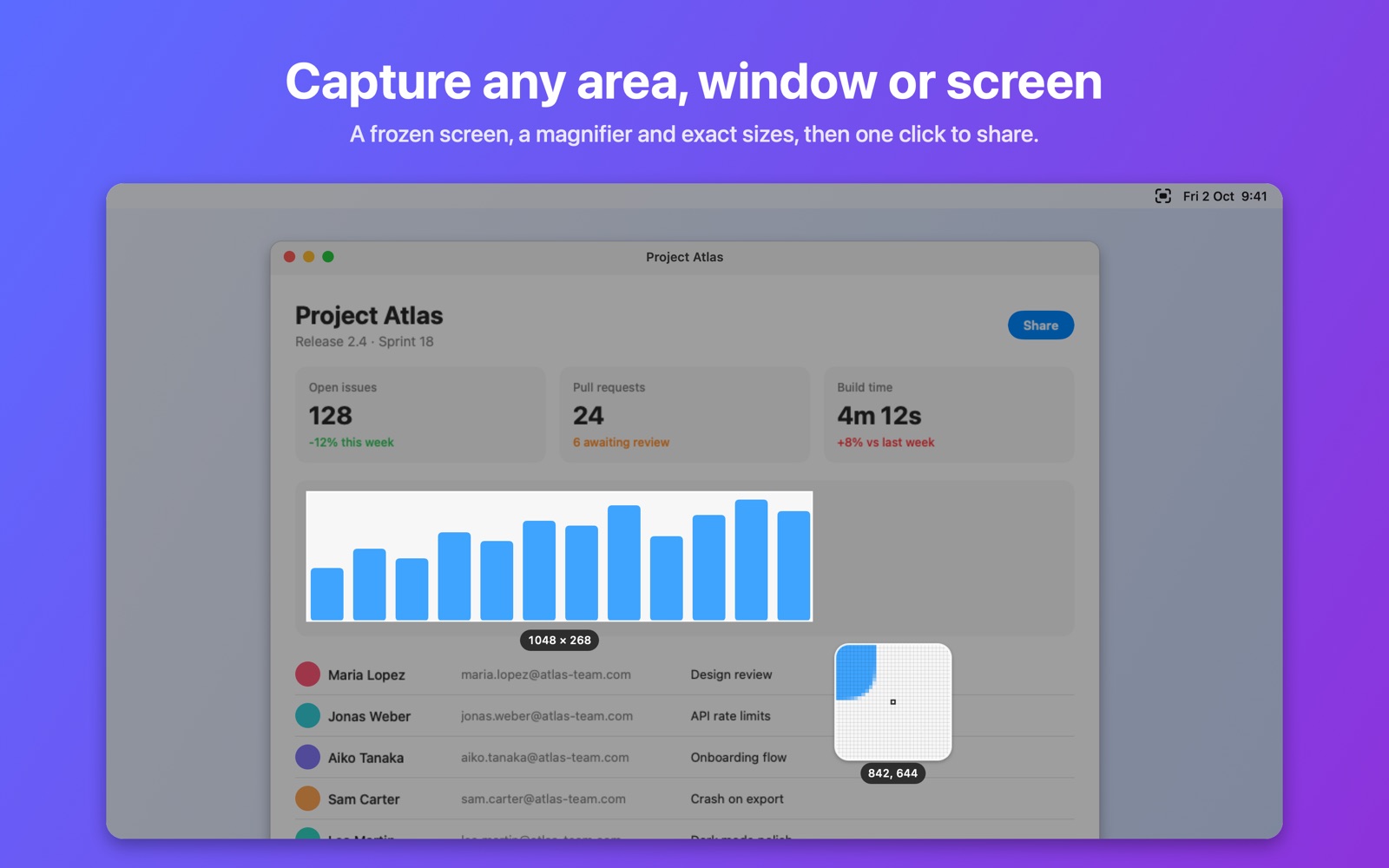 Selecting an area of the screen, with the size label and the magnifier