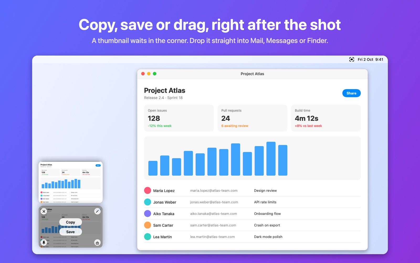 Quick Access thumbnails in the screen corner with Copy and Save buttons