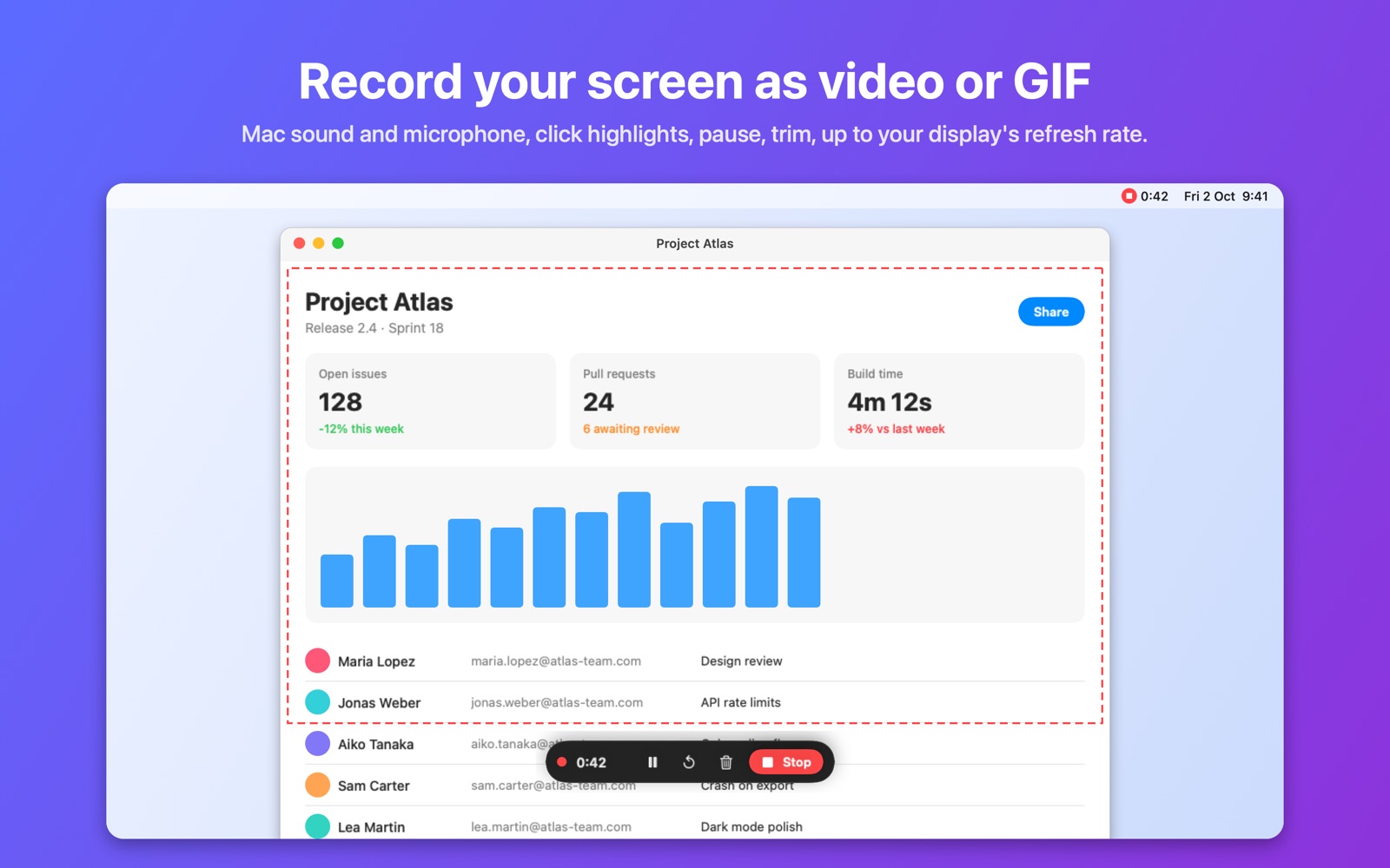 Recording an area of the screen with the recording control bar