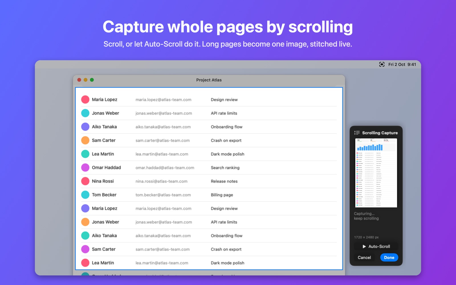 Scrolling capture of a long list with the live preview panel